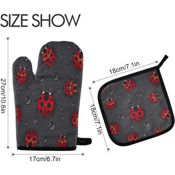 Oven Mitt Pot Holder Set Ladybugs WaterDrop Pattern Heat Resistant Quilted Glove - Picture 2 of 5